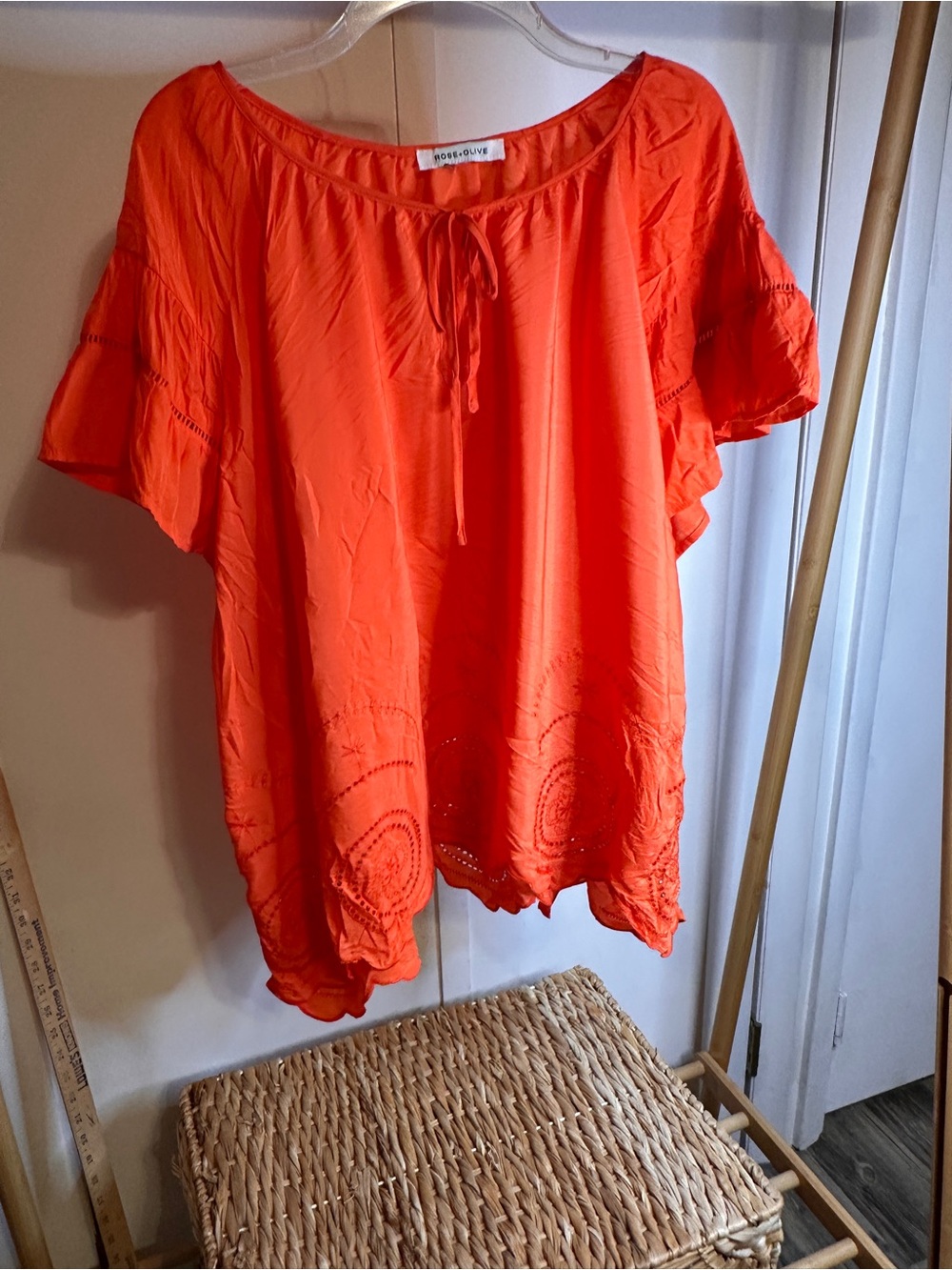 Rose & Olive Bright Orange Embroidered Tie-Neck Tunic
